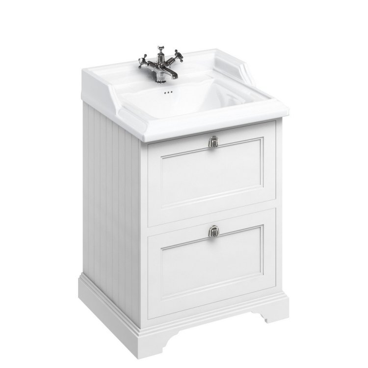Burlington Freestanding 650mm Matt White Vanity Unit with Drawers and Basin One Tap Hole Basin