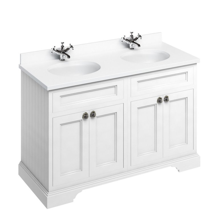 Burlington Freestanding 1300mm Matt White Double Vanity Unit with Doors and Basins Minerva White Countertop and Basin Bowls