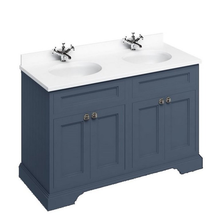 Burlington Freestanding 1300mm Blue Double Vanity Unit with Doors and Basins Minerva White Countertop and Basin Bowls