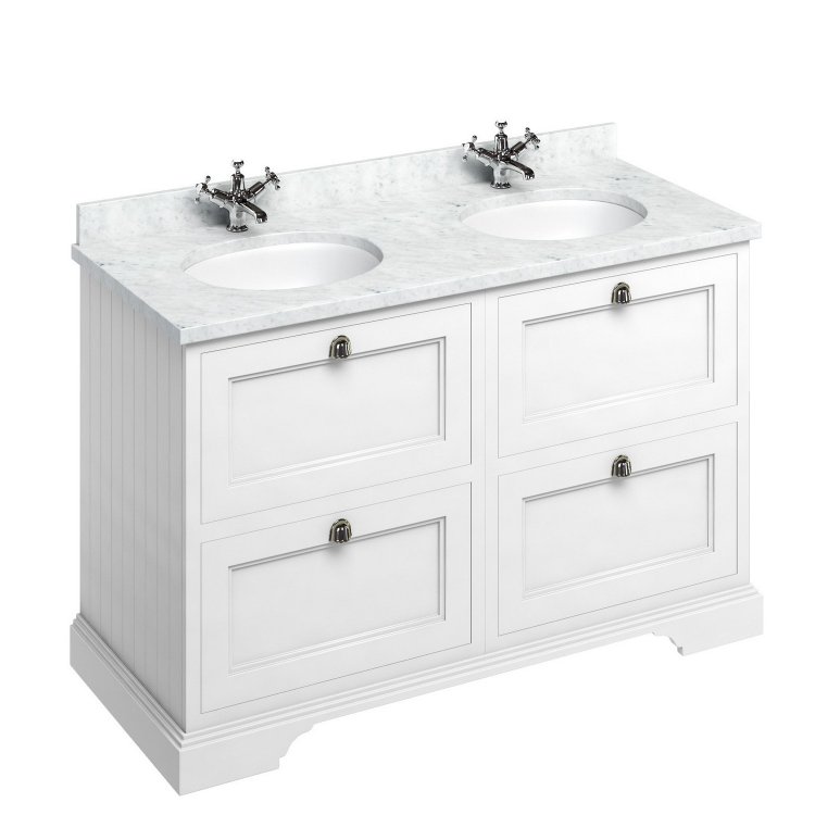 Burlington Freestanding 1300mm Matt White Double Vanity Unit with Drawers and Basins Minerva Carrara Countertop and Basin Bowls