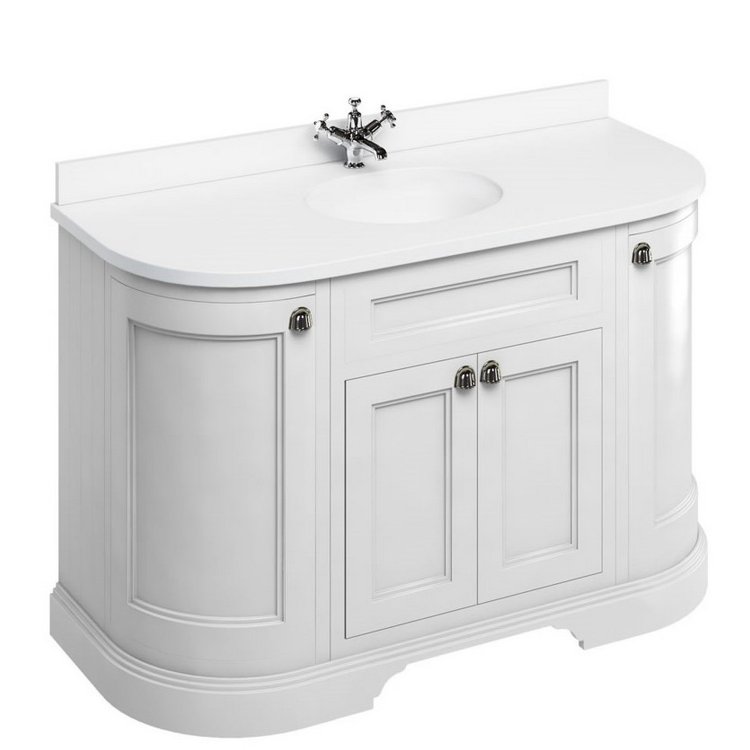 Burlington Freestanding 1340mm Matt White Curved Vanity Unit with Doors and Basin Minerva White Countertop and Basin Bowls