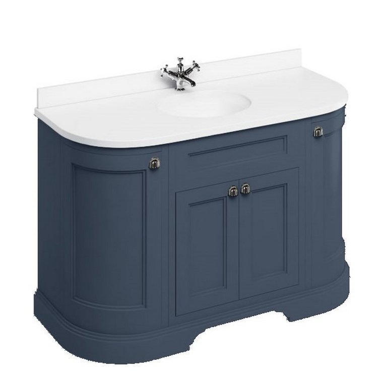 Burlington Freestanding 1340mm Blue Curved Vanity Unit with Doors and Basin Minerva White Countertop and Basin Bowls