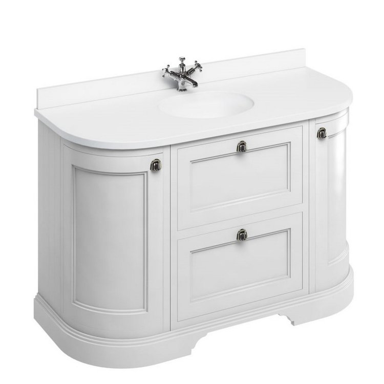 Burlington Freestanding 1340mm Matt White Curved Vanity Unit with Drawers and Basin Minerva White Countertop and Basin Bowls