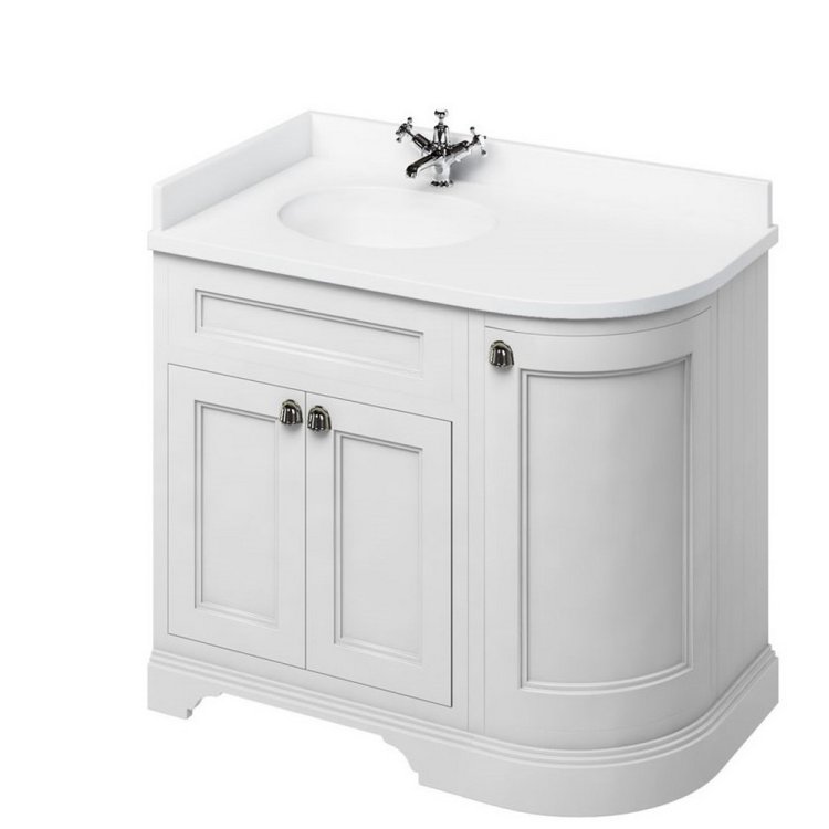 Burlington Freestanding 980mm Matt White LH Curved Vanity Unit with Doors and Basin Minerva White Countertop and Basin Bowl
