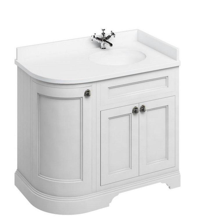 Burlington Freestanding 980mm Matt White RH Curved Vanity Unit with Doors and Basin Minerva White Countertop and Basin Bowl
