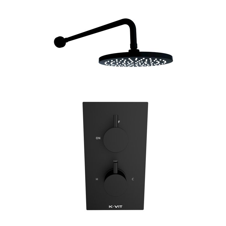 Kartell Nero Round Black Thermostatic Shower with Overhead Drencher