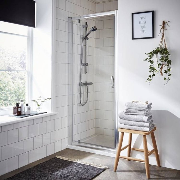 Nuie Ella 760mm Chrome Framed Pivot Shower Door Lifestyle