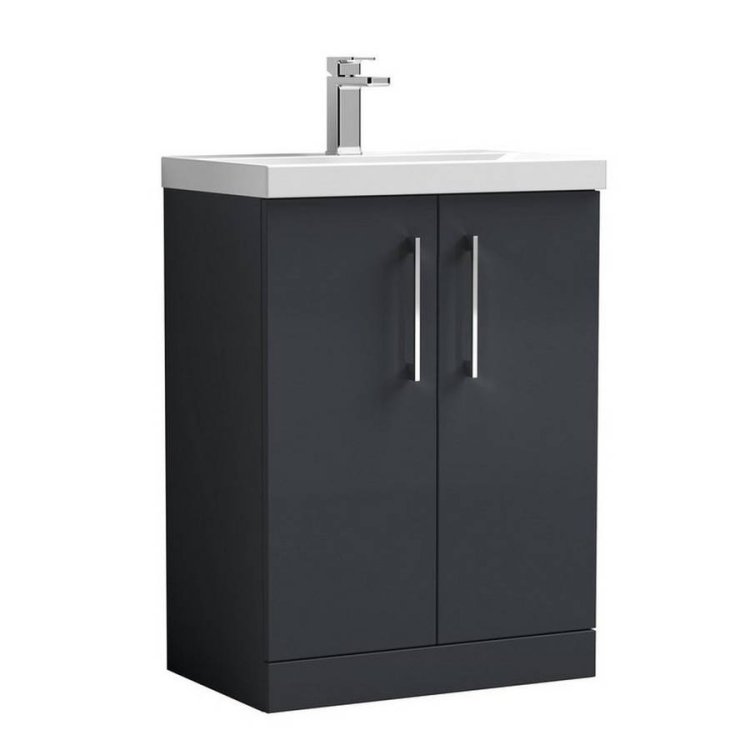 Nuie Arno Anthracite Satin 600mm Floor Standing 2 Door Vanity Unit with Mid-Edge Basin
