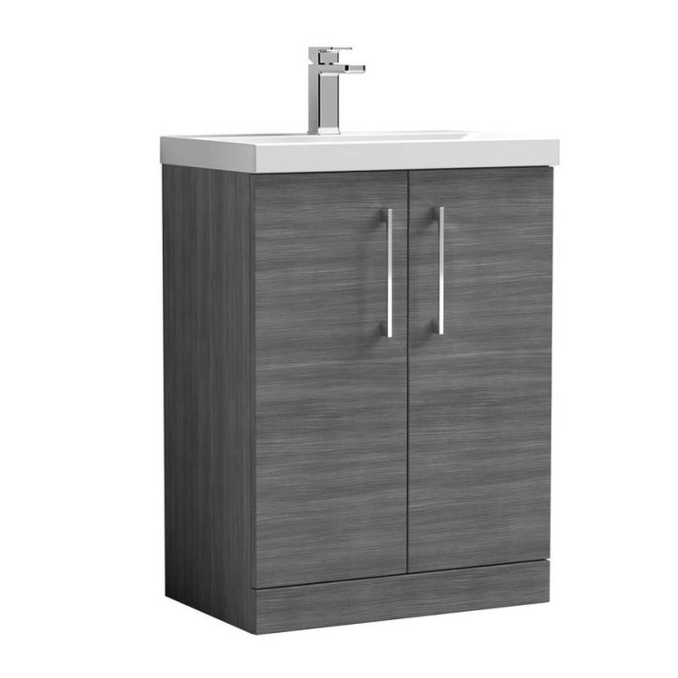 Nuie Arno Anthracite Wood 600mm Floor Standing 2 Door Vanity Unit with Mid Edge Basin