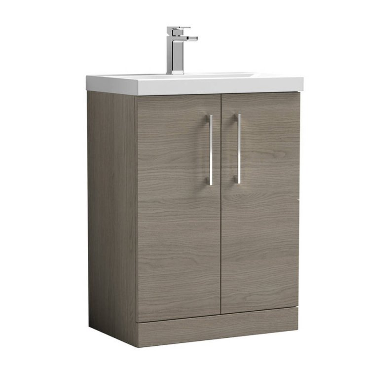 Nuie Arno Oak 600mm Floor Standing 2 Door Vanity Unit Mid Edge Basin