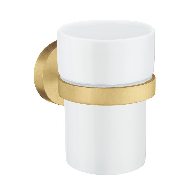 Smedbo Home Brushed Brass Holder with Porcelain Tumbler