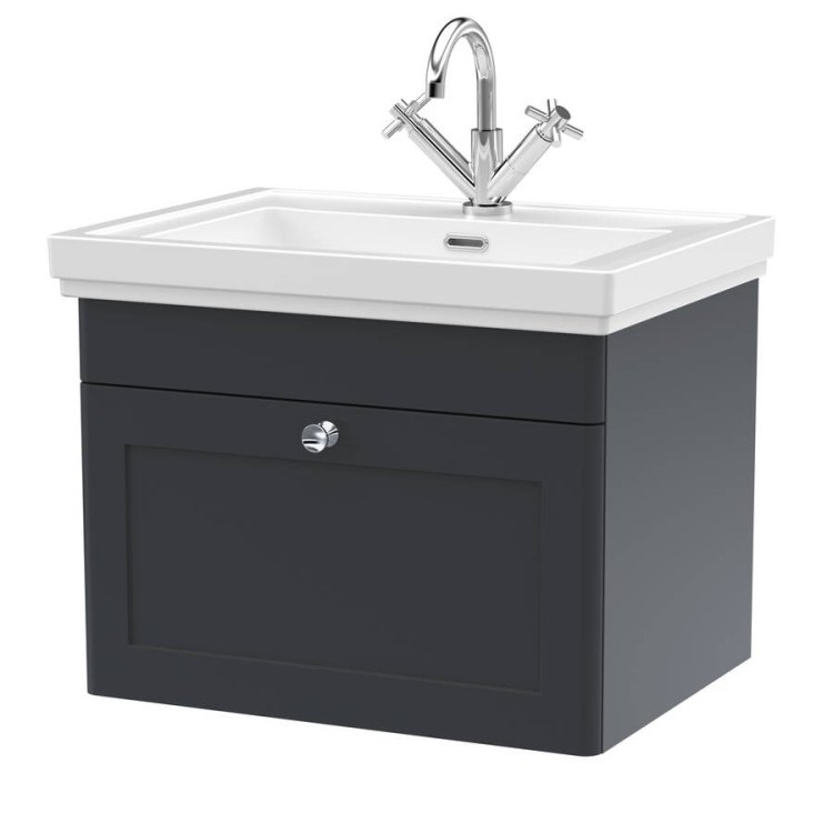 Nuie Classique Soft Black 600mm Wall Hung 1 Drawer Vanity Unit (CLC1494A)