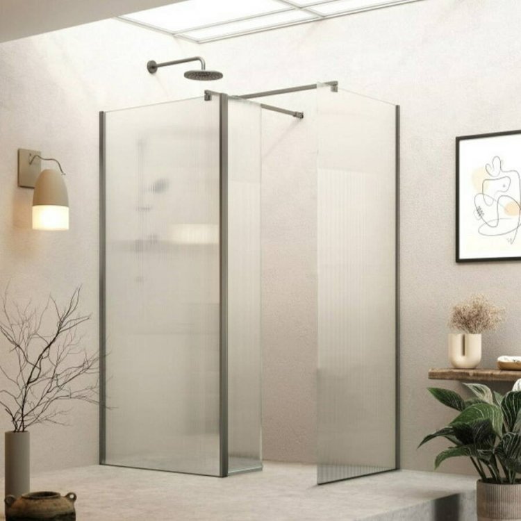 Roman Haven 8mm Select 800mm Fluted Wetroom Corner Panel Brushed Nickel