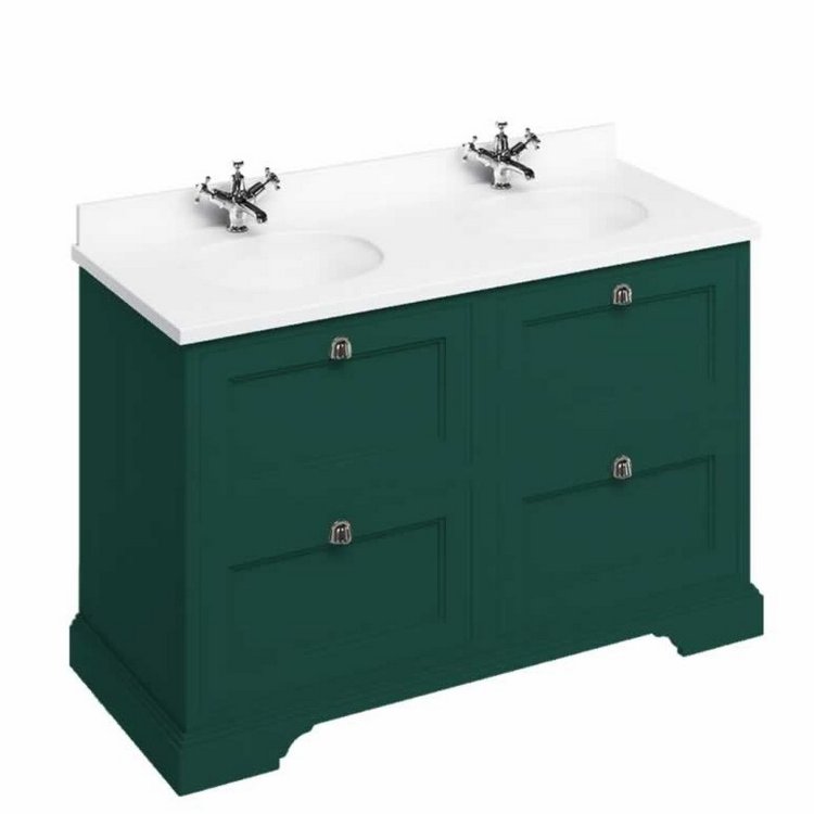Burlington Freestanding 1300mm Matt Green Double Vanity Unit with Drawers and Basins Minerva White Countertop and Basin Bowls