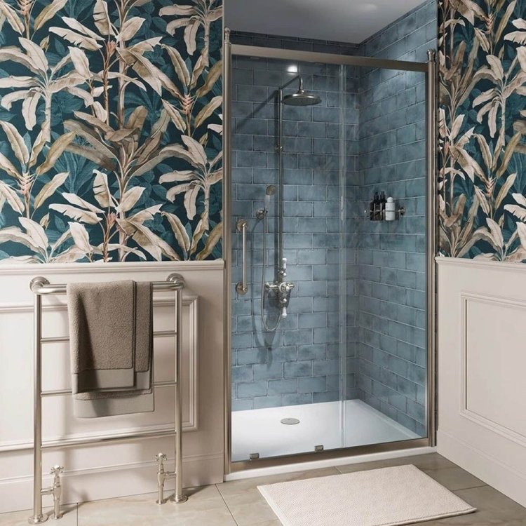 Burlington Classique 1400mm Sliding Shower Door in Brushed Nickel 1850 Handle and Finials