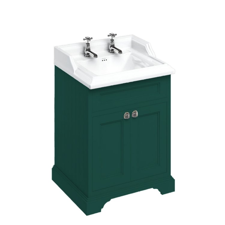 Burlington Freestanding 650mm Matt Green Vanity Unit with Doors and Basin Two Tap Hole Basin