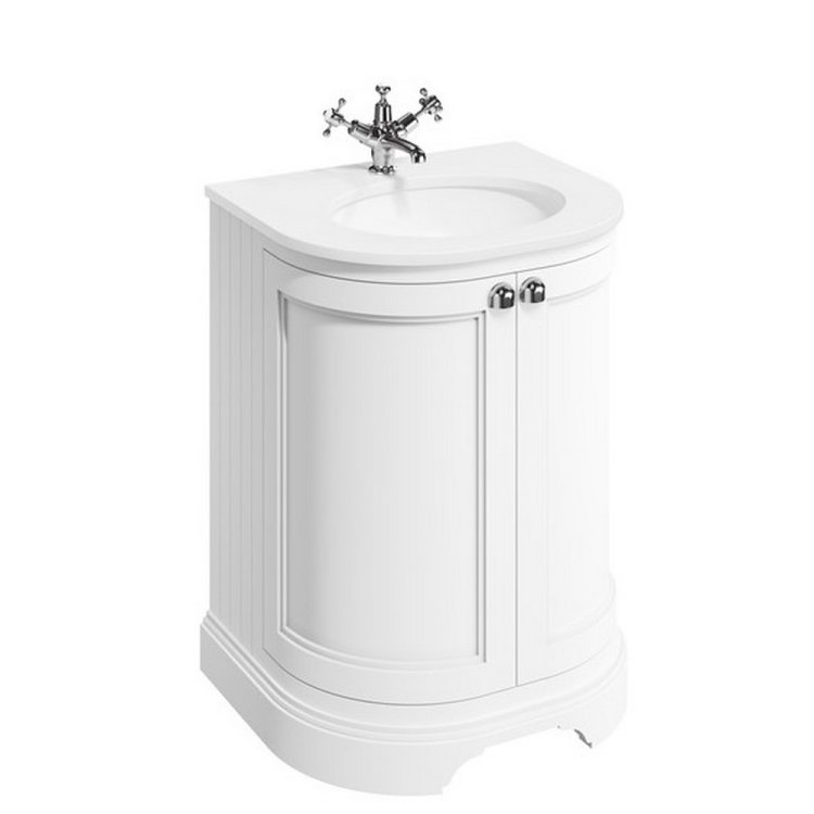 Burlington Freestanding 650mm Matt White Curved Vanity Unit with Basin Minerva White Countertop and Basin Bowl
