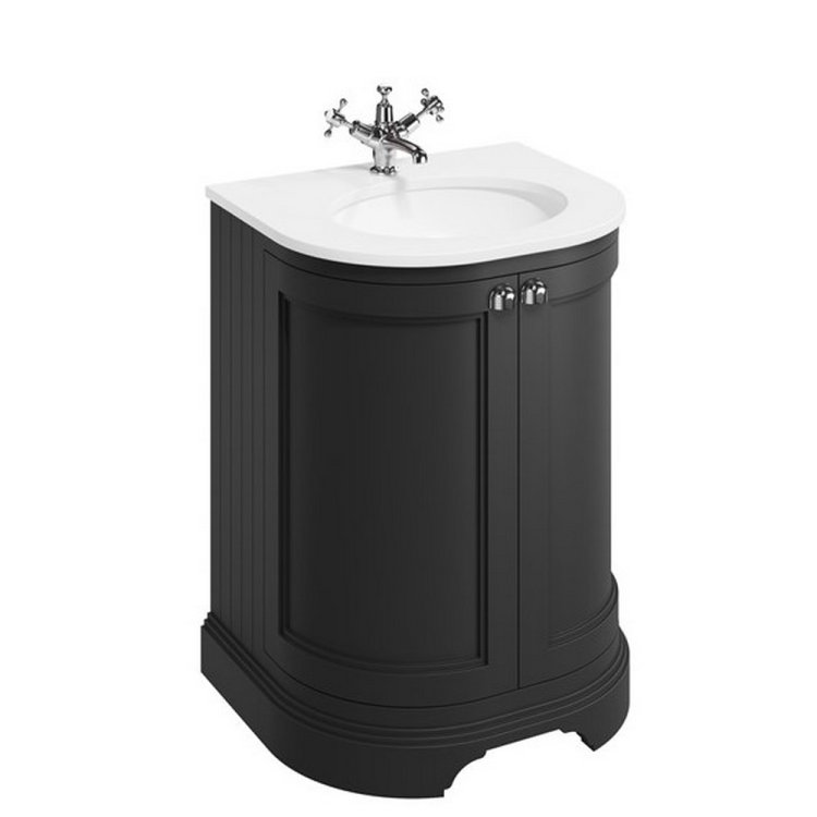 Burlington Freestanding 650mm Matt Black Curved Vanity Unit with Basin Minerva White Countertop and Basin Bowl