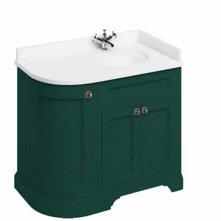 Burlington Freestanding 980mm Matt Green RH Curved Vanity Unit with Doors and Basin Minerva White Countertop and Basin Bowl