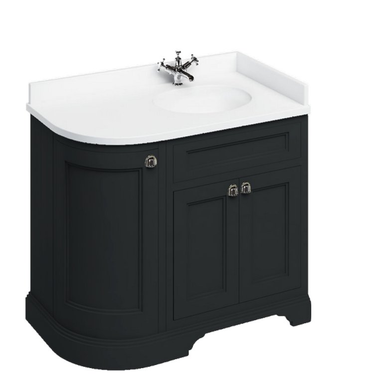 Burlington Freestanding 980mm Matt Black RH Curved Vanity Unit with Doors and Basin Minerva White Countertop and Basin Bowl