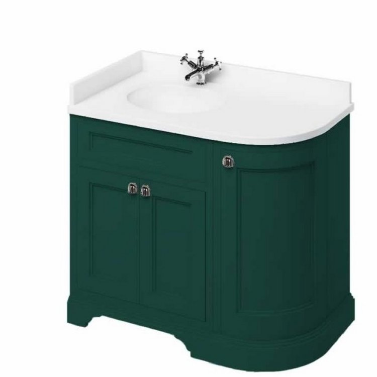 Burlington Freestanding 980mm Matt Green LH Curved Vanity Unit with Doors and Basin Minerva White Countertop and Basin Bowl