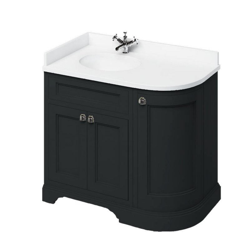 Burlington Freestanding 980mm Matt Black LH Curved Vanity Unit with Doors and Basin Minerva White Countertop and Basin Bowl