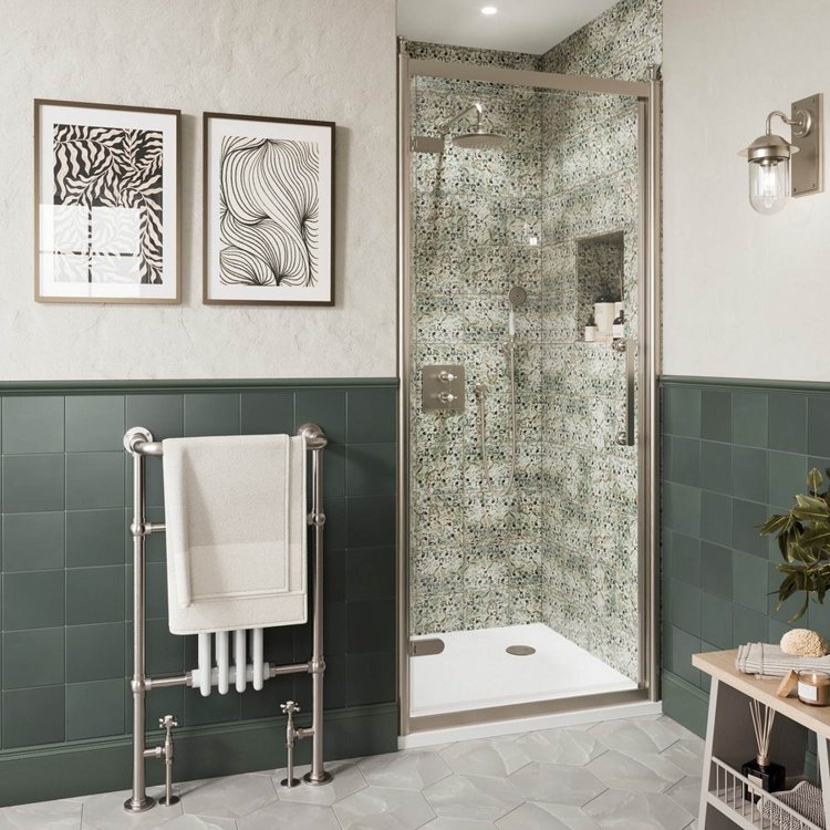 Burlington Classique 800mm Hinged Shower Door in Brushed Nickel 1909 Handle and Finials