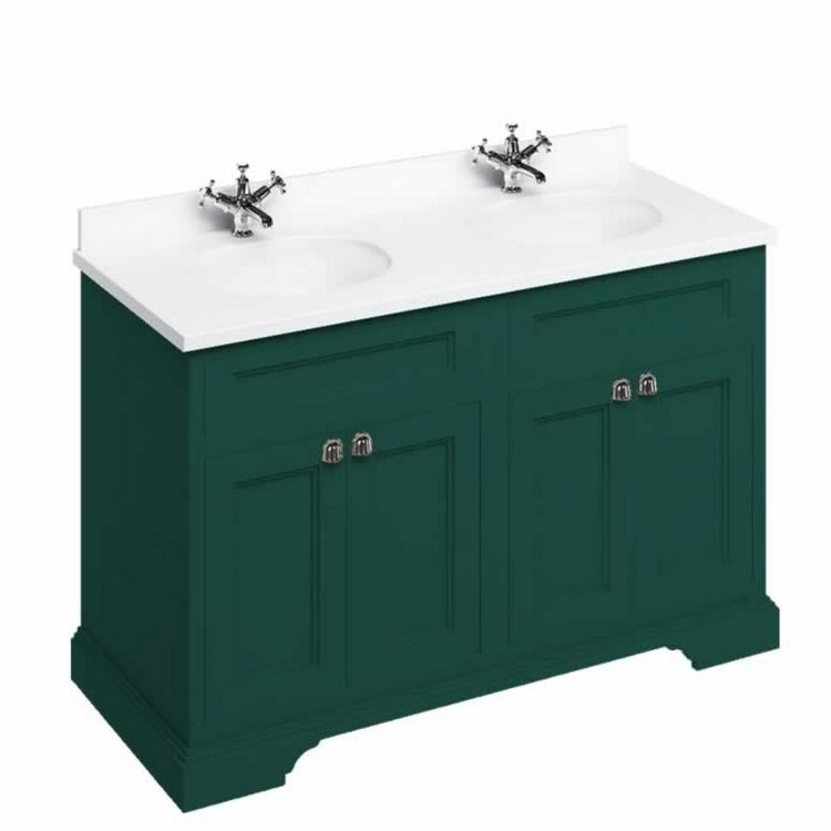 Burlington Freestanding 1300mm Matt Green Double Vanity Unit with Doors and Basins Minerva White Countertop and Basin Bowls