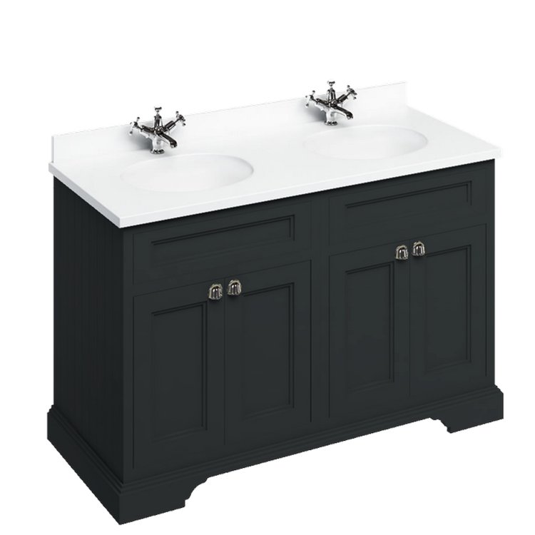 Burlington Freestanding 1300mm Matt Black Double Vanity Unit with Doors and Basins Minerva White Countertop and Basin Bowls