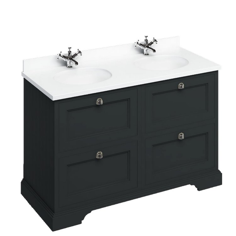 Burlington Freestanding 1300mm Matt Black Double Vanity Unit with Drawers and Basins Minerva White Countertop and Basin Bowls