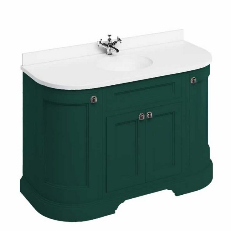 Burlington Freestanding 1340mm Matt Green Curved Vanity Unit with Doors and Basin Minerva White Countertop and Basin Bowls