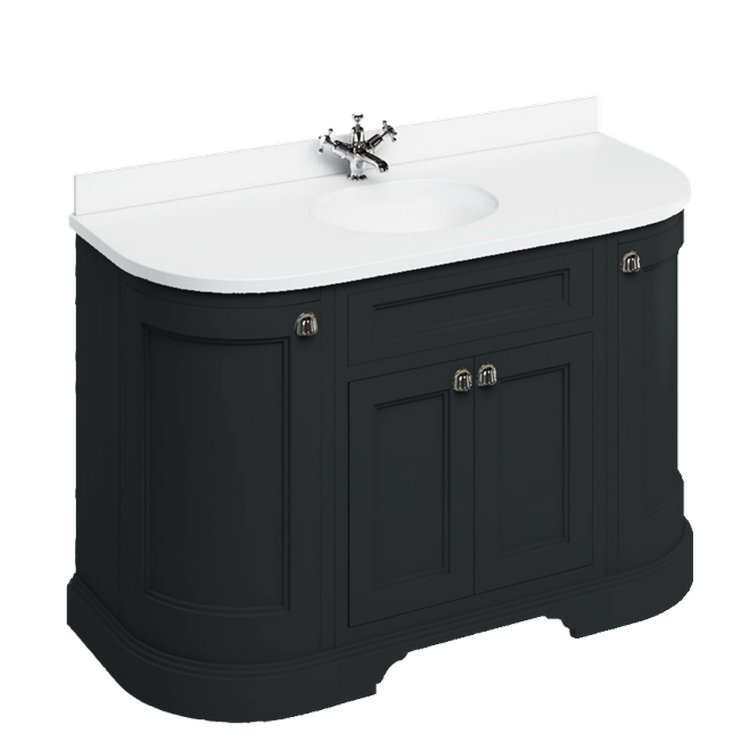 Burlington Freestanding 1340mm Matt Black Curved Vanity Unit with Doors and Basin Minerva White Countertop and Basin Bowls
