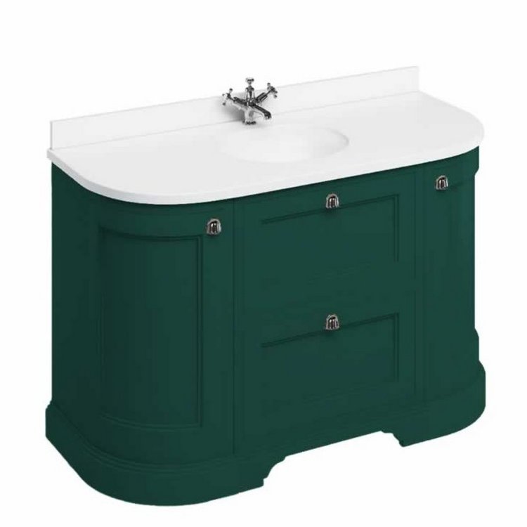 Burlington Freestanding 1340mm Matt Green Curved Vanity Unit with Drawers and Basin Minerva White Countertop and Basin Bowls