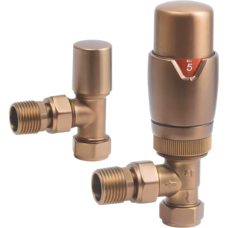 Ajax Round Brushed Bronze Angled Thermostatic Radiator Valves