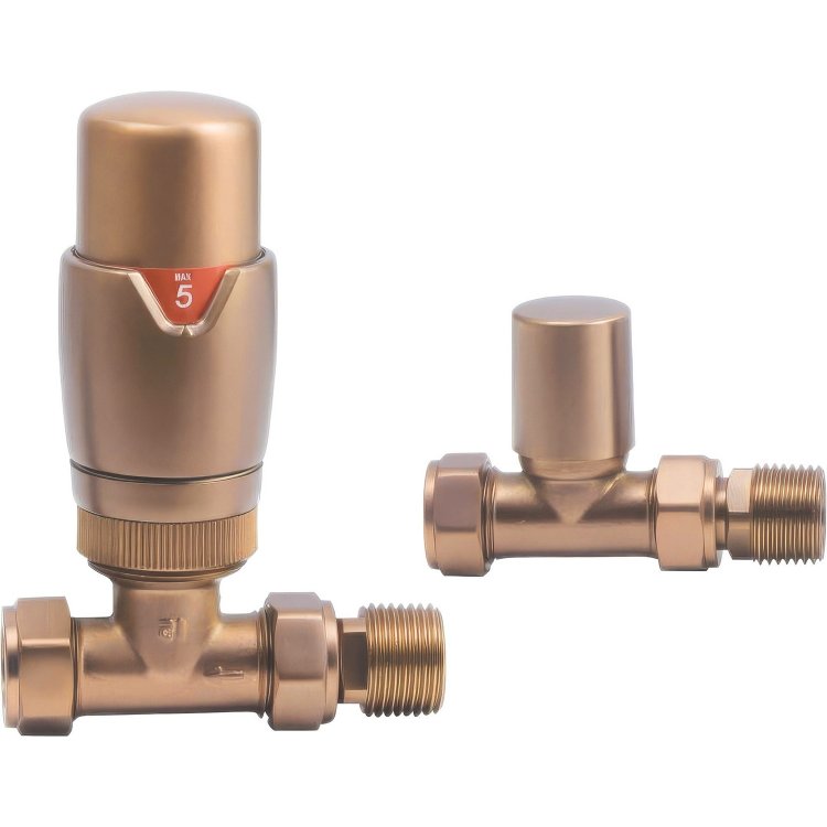 Ajax Round Brushed Bronze Straight Thermostatic Radiator Valves