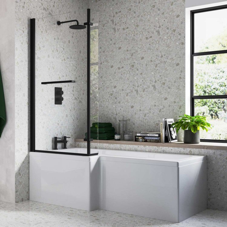 Ajax Armthorpe 1700 x 850mm Supercast LH L Shape Shower Bath with Matt Black Screen