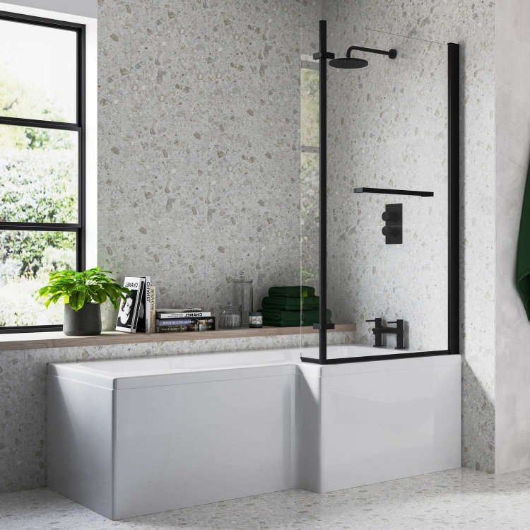 Ajax Armthorpe 1700 x 850mm Supercast RH L Shape Shower Bath with Matt Black Screen