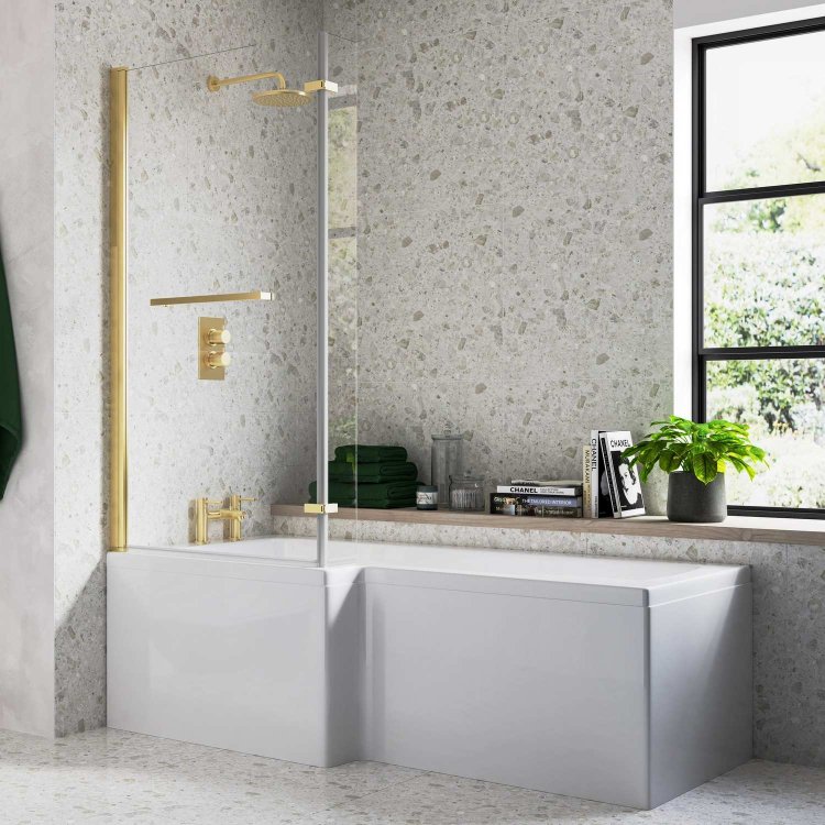 Ajax Armthorpe 1700 x 850mm Supercast LH L Shape Shower Bath with Brushed Brass Screen
