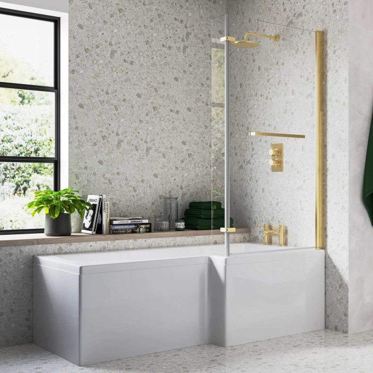 Ajax Armthorpe 1700 x 850mm RH L Shape Shower Bath with Brushed Brass Screen