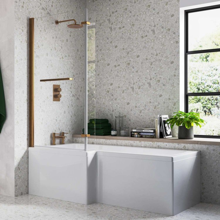Ajax Armthorpe 1700 x 850mm Supercast LH L Shape Shower Bath with Brushed Bronze Screen