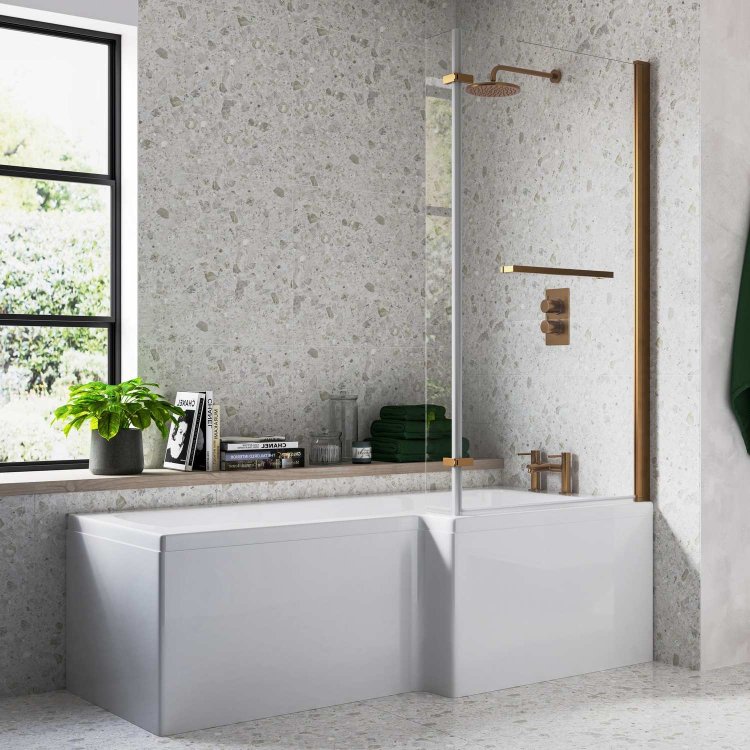 Ajax Armthorpe 1700 x 850mm RH L Shape Shower Bath with Brushed Bronze Screen