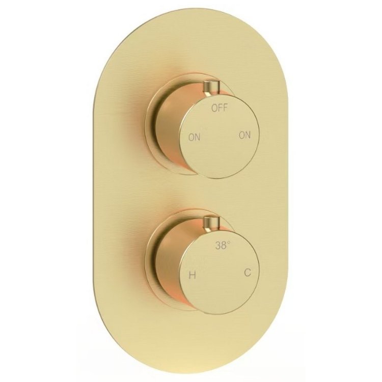 Ajax Thrunscoe Brushed Brass Round Thermostatic Two Outlet Twin Shower Valve