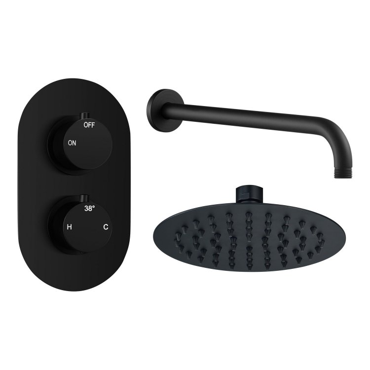 Ajax Thrunscoe Matt Black Round Shower Valve and Fixed Shower Head