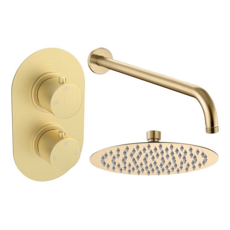 Ajax Thrunscoe Brushed Brass Round Shower Valve and Fixed Shower Head