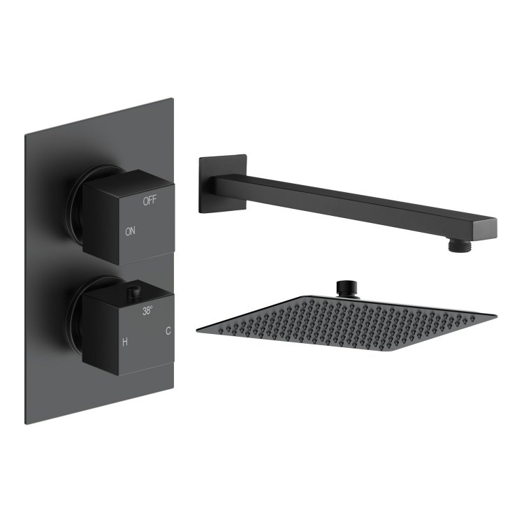 Ajax Hedon Matt Black Square Shower Valve and Fixed Shower Head