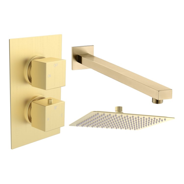 Ajax Hedon Brushed Brass Square Shower Valve and Fixed Shower Head