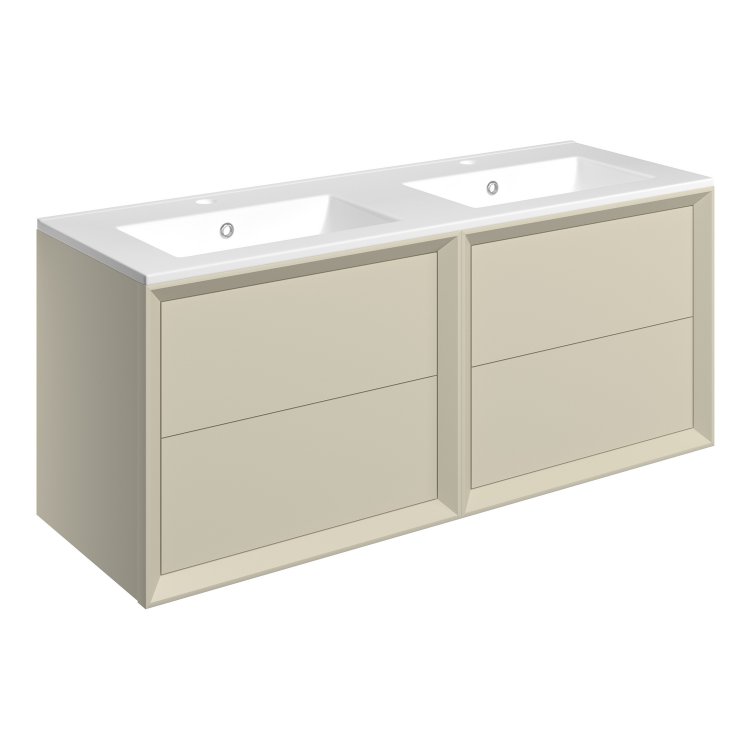 Ajax Yarborough 1200mm Matt Cotton Wall Hung Double Basin Vanity Unit Two Tap Hole Basin
