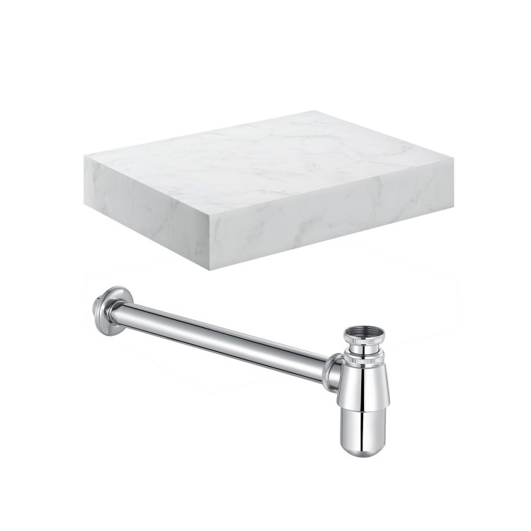 Ajax Kelsey 600mm White Marble Wall Hung Basin Shelf and Chrome Bottle Trap