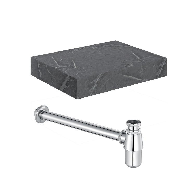 Ajax Kelsey 600mm Grey Marble Wall Hung Basin Shelf and Chrome Bottle Trap
