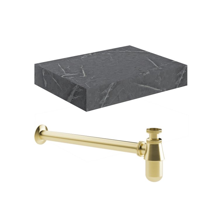 Ajax Kelsey 600mm Grey Marble Wall Hung Basin Shelf and Brushed Brass Bottle Trap